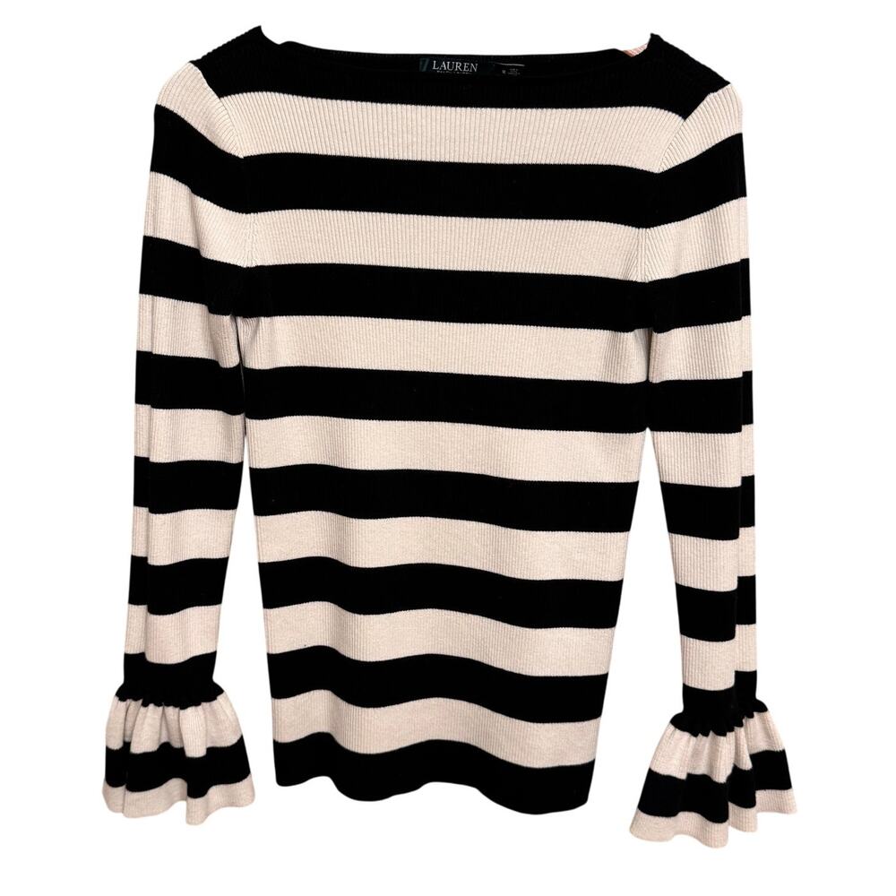 Lauren Ralph Striped Sweater M Black White Bell Sleeve Knit Pullover Preppy